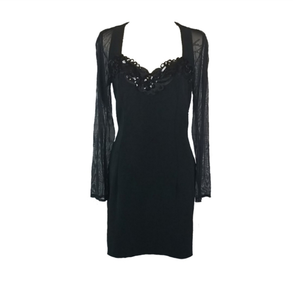 Whimsigoth Y2K Vintage Mesh Longsleeve Formal Evening Dress Black 9/10